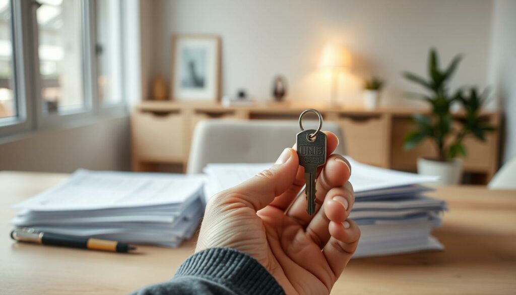 A high-quality image of "Versicherungsschutz Schlüsselnotfall" with a calm, professional atmosphere. The foreground depicts a person's hand holding a house key, symbolizing a key emergency. In the middle ground, a stack of insurance documents and forms conveys the concept of insurance protection. The background features a blurred, serene office setting with minimalist decor, neutral colors, and warm lighting to create a sense of security and reliability. The composition is balanced, with the key and insurance elements as the focal points. The overall impression should be one of a trustworthy, comprehensive insurance solution for key-related incidents.