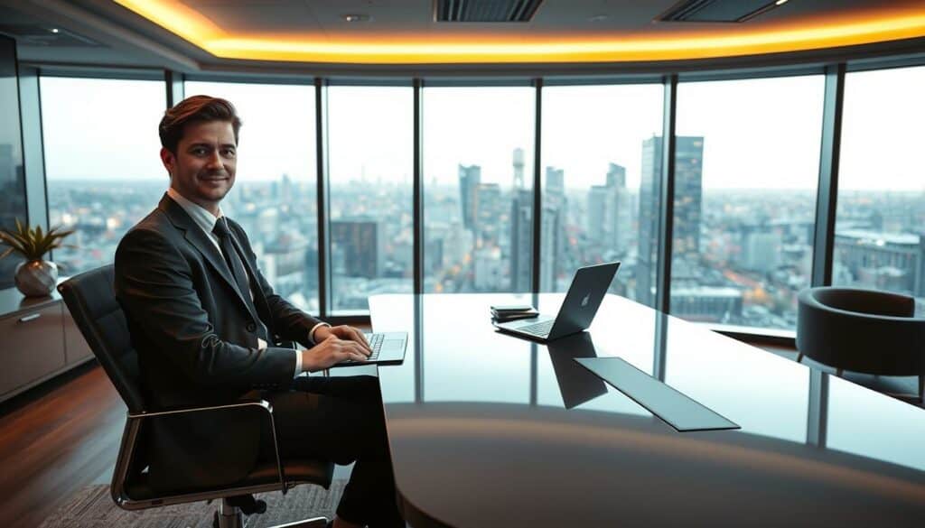 A high-quality, professionally-lit photograph of a modern, sleek office interior. In the foreground, a well-dressed, confident-looking business executive sits at a stylish desk, working on a laptop. Behind them, a large window offers a panoramic view of a vibrant city skyline. The lighting is a warm, soft glow, creating a sense of professionalism and success. The overall atmosphere conveys the idea of a thriving, discreet business service catering to a discerning clientele. Subtle details like elegant furnishings and tasteful decor reinforce the premium nature of the "Begleitservice" offering.