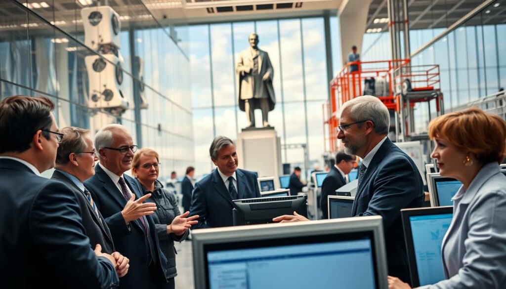 A high-tech research facility, its sleek glass facade reflecting the sky. In the foreground, government officials and industry leaders discuss policy, gesturing animatedly. Behind them, engineers and scientists work at computer terminals, surrounded by cutting-edge equipment. The lighting is warm and inviting, conveying a sense of collaborative innovation. In the background, a towering statue of a famous historical figure, symbolizing the nation's technological legacy. The scene captures the intersection of politics, industry, and academia, all working together to drive Germany's rise as a global high-tech powerhouse.