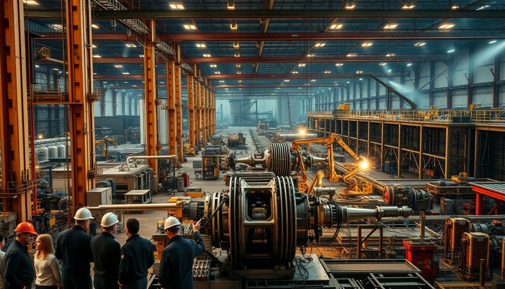 A large-scale industrial facility with towering metal structures, massive cranes, and a bustling workforce. In the foreground, a group of engineers and technicians inspecting a complex piece of machinery, their faces focused and intent. The middle ground is filled with the intricate details of the assembly line, with robotic arms and conveyor belts working in harmony. In the background, a panoramic view of the factory, with towering silos, smoke stacks, and the occasional flash of a welding torch. The scene is bathed in a warm, golden light, conveying a sense of productivity and efficiency. The overall atmosphere is one of technological prowess and industrial might, capturing the essential role of machinery and engineering in the modern economy.