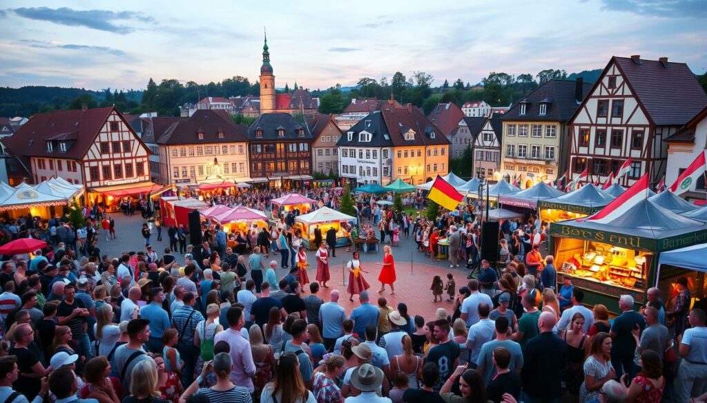 A lively and festive scene of the Bundesfest celebrations in Mönchengladbach. In the foreground, a diverse crowd of visitors gathers around a central stage, transfixed by a spirited performance of traditional folk music and dance. Colorful costumes, flags, and banners create a vibrant atmosphere. In the middle ground, artisanal food and craft stalls dot the landscape, offering a tempting array of local delicacies and handmade goods. The background is framed by the picturesque architecture of the historic town, bathed in the warm glow of sunset lighting. The overall mood is one of joyous community celebration, capturing the essence of the "Programmhighlights" that visitors to the Bundesfest can expect to experience.