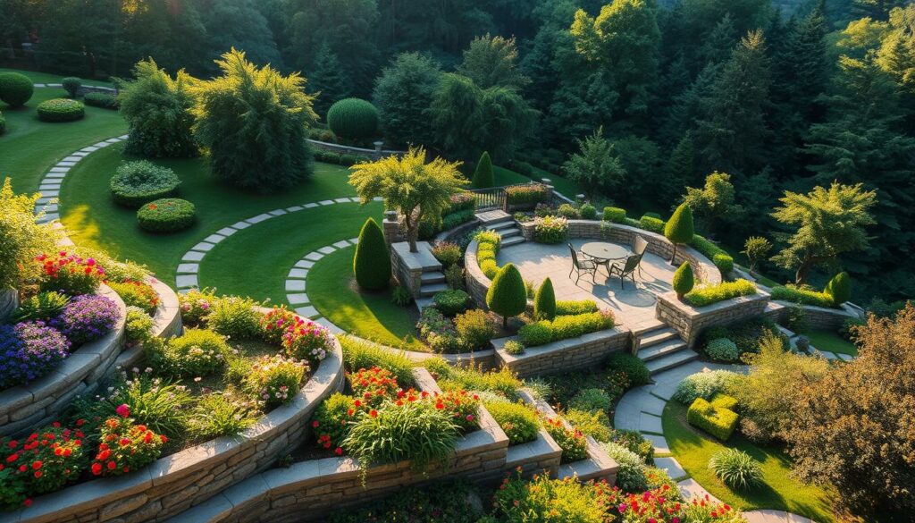 A lush, terraced garden cascades down a verdant hillside, with winding pathways and serene seating areas nestled among vibrant flora. The foreground showcases a beautifully crafted stone retaining wall, supporting tiered garden beds overflowing with colorful perennials and trailing vines. The middle ground features a central patio area, with natural stone pavers and a wrought-iron bistro set, framed by meticulously pruned shrubs and ornamental trees. In the background, the hillside recedes into a dense, forested canopy, creating a sense of privacy and tranquility. Warm, golden sunlight filters through the foliage, casting a soft, romantic glow over the entire scene. A breathtaking example of thoughtful, sustainable garden design that seamlessly integrates with the natural landscape.