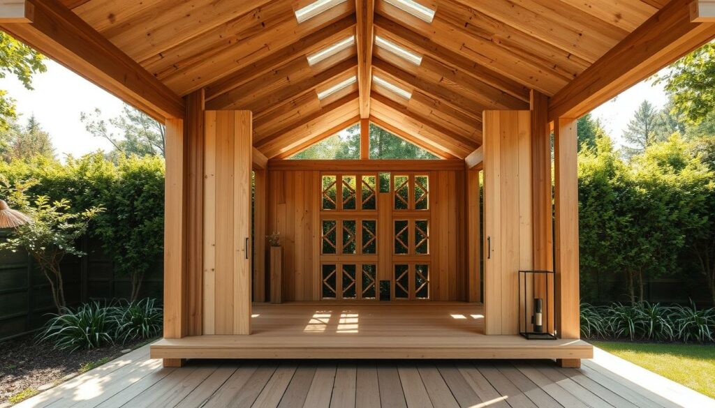 A meticulously crafted wood garden house with an element-based construction system. In the foreground, the modular structure stands proud, its clean lines and precise joinery showcasing the craftsmanship. The middle ground reveals a harmonious arrangement of wooden panels and beams, creating a visually striking geometric pattern. Sunlight filters through the structure, casting warm, soft shadows that add depth and dimension. In the background, a lush, verdant garden provides a natural backdrop, enhancing the sense of tranquility and integration with the outdoors. The overall scene conveys a balance of modern design and rustic charm, perfectly capturing the essence of a handmade wooden garden house.