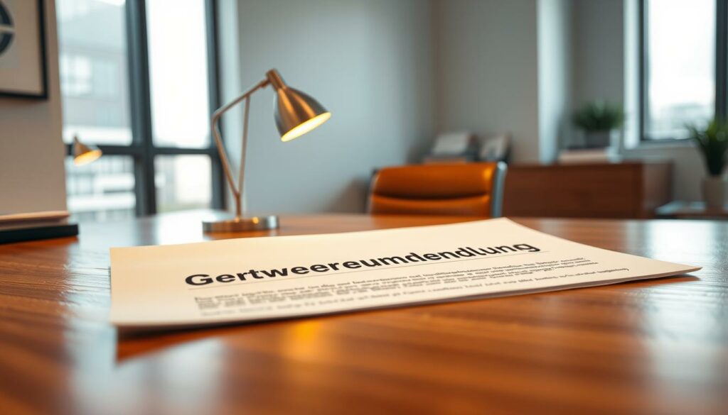 A meticulously detailed office scene depicting a "Gewerbeummeldung" document. The foreground features the official form, its contents clearly legible, placed on a polished wooden desk. In the middle ground, a professional-looking desk lamp casts a warm glow, highlighting the document's importance. The background showcases a minimalist office interior, with clean lines, neutral tones, and a large window allowing natural light to flood the space, creating a sense of professionalism and efficiency. The overall mood is one of order, bureaucracy, and the serious nature of business administration. The camera angle is slightly elevated, giving the viewer a sense of authority and the gravity of the administrative process.