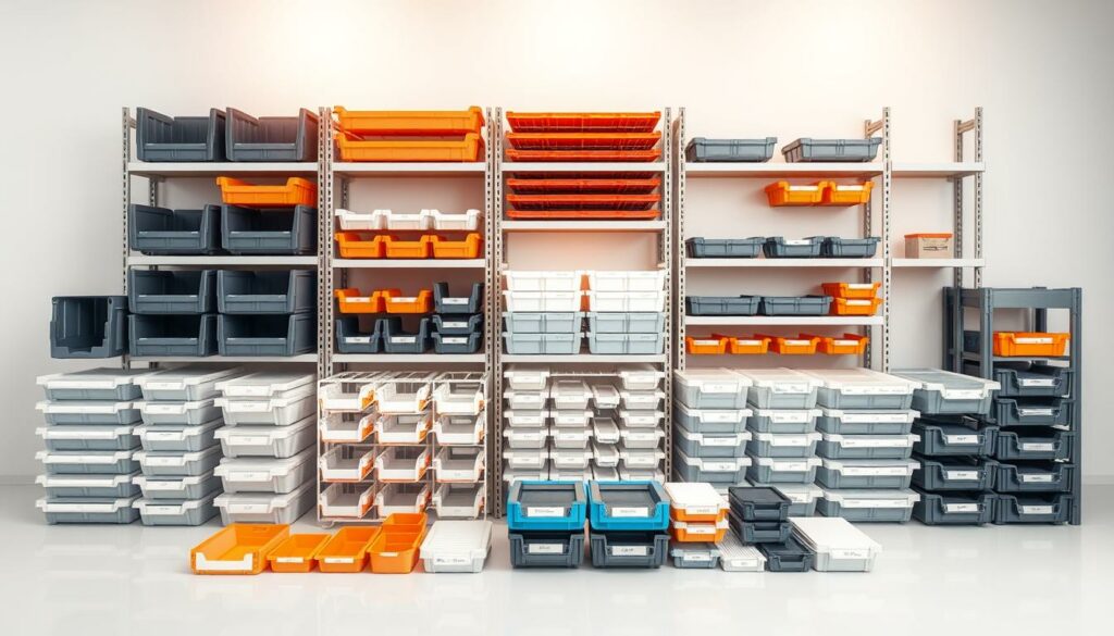 A meticulously organized arrangement of various storage container accessories, neatly displayed on a clean, minimalist white surface. The accessories include sturdy plastic dividers, stackable bins in different sizes and colors, adjustable shelving units, and innovative labeling systems. Soft, diffused lighting from above casts a warm, professional glow, highlighting the precision and attention to detail in this storage solution. The overall composition conveys a sense of efficiency, productivity, and the optimal organization of a well-curated warehouse or stockroom.