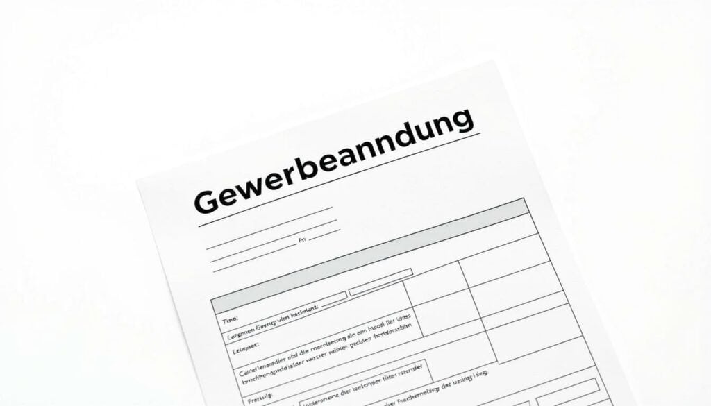 A minimalist, technical illustration of a "Gewerbeanmeldung" form on a clean, white background. The form is depicted in high detail, with precise lines and edges, showcasing its official, government-issued appearance. The layout is balanced, with the key sections of the form clearly visible. Soft, neutral lighting casts gentle shadows, emphasizing the form's three-dimensional physicality. The composition conveys a sense of professionalism, organization, and the step-by-step process of business registration.