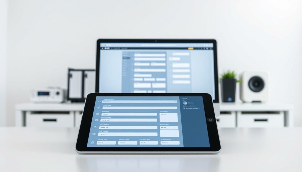 A modern digital forms interface, designed with a clean and intuitive layout. In the foreground, a sleek tablet device displays an array of neatly organized digital form fields, with minimalist icons and labels guiding the user's interactions. The middle ground features a stylized desktop computer, its screen mirroring the tablet's form layout, seamlessly integrating the digital and physical workspaces. The background depicts a minimalist office environment, with subtle hints of technology - perhaps a 3D printer or a server rack - to convey the sense of a digitally-enhanced workflow. The lighting is soft and diffused, creating a calm, professional atmosphere. The overall composition emphasizes the ease and efficiency of digitizing traditional paper-based forms, reflecting the core focus of the article's section.
