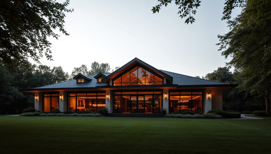 A modern, elegant clubhouse nestled amidst lush greenery. The Feldschlösschen Club stands proudly, its façade adorned with warm lighting and sleek architectural details. Through its large windows, glimpses of a sophisticated lounge can be seen, hinting at the refined atmosphere within. The manicured lawn and surrounding trees create a serene, park-like setting, inviting guests to relax and unwind. A subtle, inviting ambiance permeates the scene, conveying a sense of refined leisure and social gathering, yet without the overt presence of alcohol. This image captures the club's role as a hub for social interaction and community engagement, distinct from its traditional beer-centric identity.