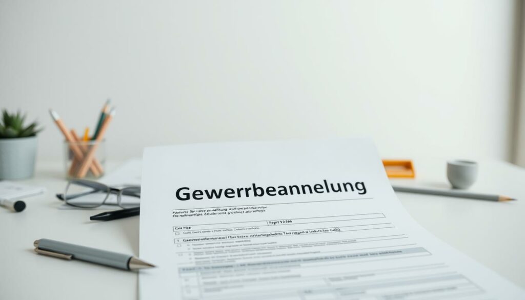 A modern, minimalist business document with a clean, professional aesthetic. In the foreground, a neatly organized application form titled "Gewerbeanmeldung" with clean typography and strategic use of negative space. In the middle ground, a desk surface with a pen, ruler, and other office supplies, suggesting a sense of organization and attention to detail. The background features a neutral, light-colored wall, creating a bright, airy atmosphere. The lighting is soft and diffused, emphasizing the formal, official nature of the document. The composition is well-balanced, with a focus on the central document, conveying a sense of clarity and purpose.