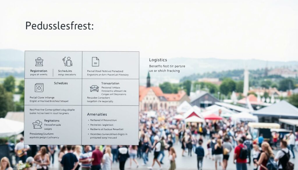 A modern, minimalist information display showcasing practical details for Bundesfest attendees. The foreground features a clean grid layout with icons and concise text outlining key event logistics - registration, schedules, transportation, and amenities. The middle ground depicts the vibrant festival grounds, with traditional architecture and crowds of people milling about. In the background, a serene landscape frames the scene, perhaps rolling hills or a historic city skyline. The lighting is soft and diffused, creating an inviting atmosphere. The overall composition conveys a sense of organization and thoughtful planning to help guests navigate the festivities seamlessly.