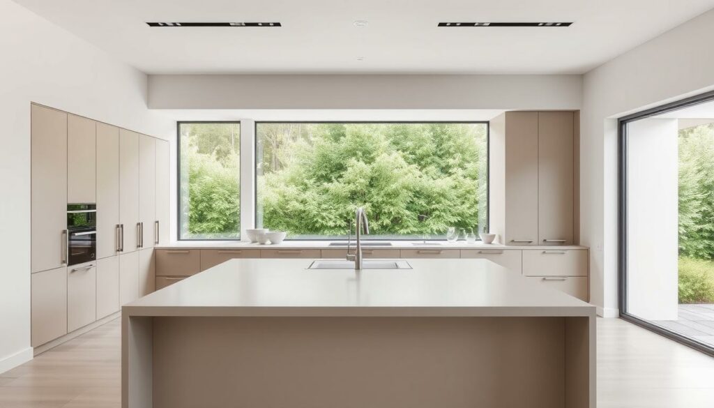 A modern, minimalist kitchen with clean lines and a sleek, contemporary design. The foreground features a large central island with a smooth, light-colored countertop and a simple, streamlined design. The middle ground showcases a row of tall, built-in cabinets with subtle, muted-tone fronts and concealed hardware. The background highlights a large, floor-to-ceiling window that floods the space with natural light, offering a panoramic view of a lush, verdant garden outside. The overall atmosphere is one of understated elegance, with a focus on functionality and a harmonious balance between form and function.