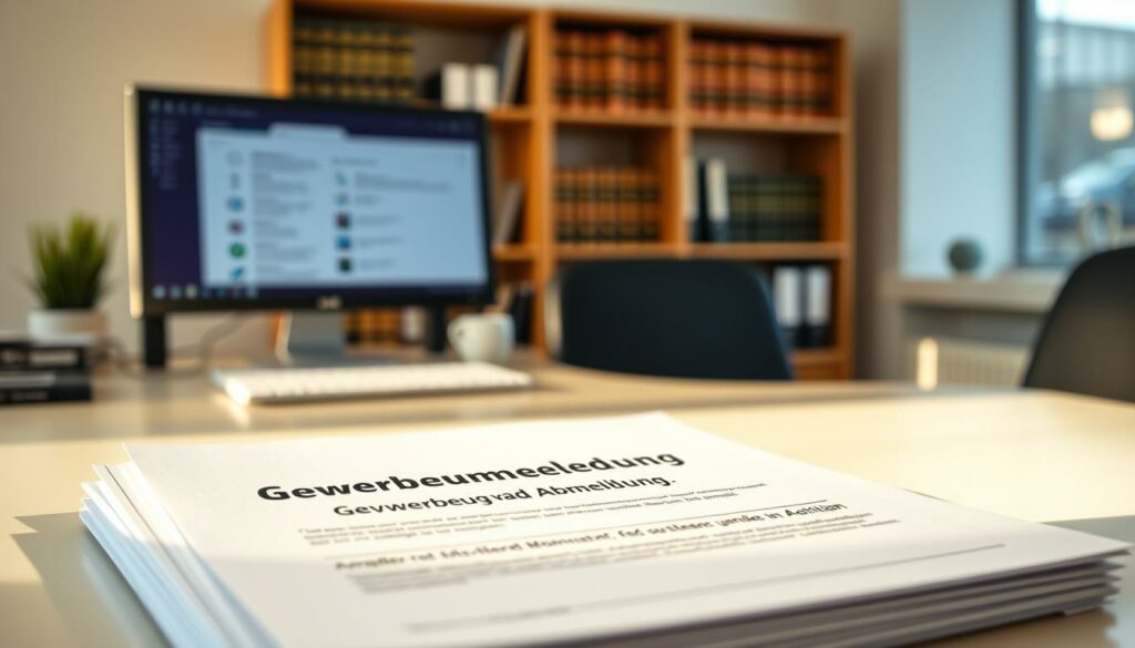 A modern office desk with a stack of official government forms and documents labeled "Gewerbeummeldung und Abmeldung" in the foreground. The desk is illuminated by a warm, soft light from a nearby window, casting gentle shadows across the papers. In the middle ground, a computer monitor displays relevant information, while behind it, a bookshelf with legal reference materials adds a sense of professionalism and authority. The overall atmosphere conveys a sense of diligence, attention to detail, and the helpful guidance offered by the Gewerbeamt Berlin to local businesses.