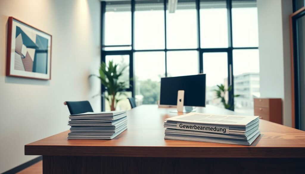 A modern office interior with a large wooden desk, a computer monitor, and a stack of documents labeled "Gewerbeanmeldung". The desk is situated in front of a floor-to-ceiling window, allowing natural light to pour in and create a warm, professional ambiance. The walls are adorned with minimalist artwork, and a potted plant in the corner adds a touch of nature to the space. The scene is captured with a wide-angle lens, emphasizing the sense of space and emphasizing the importance of the Gewerbeanmeldung process. The overall mood is one of efficiency, organization, and a commitment to providing a seamless experience for local businesses.