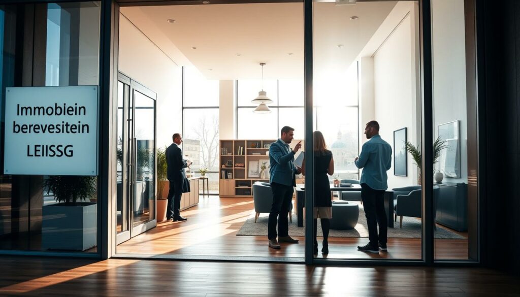 A modern, professional-looking real estate office in Leipzig, Germany. The exterior features clean lines, large windows, and a sleek, minimalist design. The entrance is framed by a minimalist signage with the "Immobilienbewertung Leipzig" text. The interior is bright and airy, with high ceilings, polished hardwood floors, and modern furniture. Real estate agents are engaged with clients, discussing property details. Sunlight streams in through the windows, creating a warm, welcoming atmosphere. The overall scene conveys a sense of expertise, efficiency, and customer-focused service in the local real estate market.