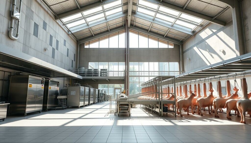 A modern regional slaughterhouse with a clean, inviting architecture. The foreground features a spacious, well-lit production area with stainless steel equipment and hygienic tiled floors. Bright natural light streams in through large windows, creating a sense of openness and transparency. In the middle ground, a state-of-the-art automated processing line handles the animals efficiently and humanely. The background showcases the building's bold, angular design with concrete, glass, and steel, reflecting a fusion of traditional craftsmanship and innovative technology. The overall atmosphere conveys a commitment to sustainability, animal welfare, and community-focused production.