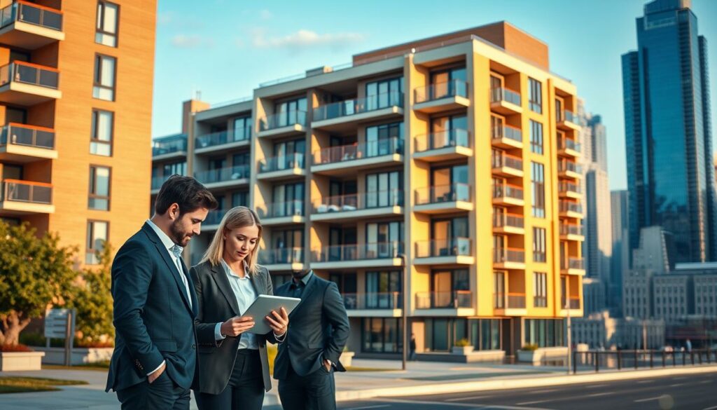 A modern, sleek apartment building in a vibrant urban setting, with a group of well-dressed individuals in the foreground evaluating property details on a tablet. The building's facade features clean lines, large windows, and a mix of warm and cool tones, conveying a sense of professionalism and expertise. The scene is illuminated by a soft, natural light, highlighting the details and creating a welcoming atmosphere. In the background, a bustling city skyline provides a dynamic context, suggesting the broader real estate market. The overall composition emphasizes the importance of accurate property evaluation in the success of a real estate transaction.