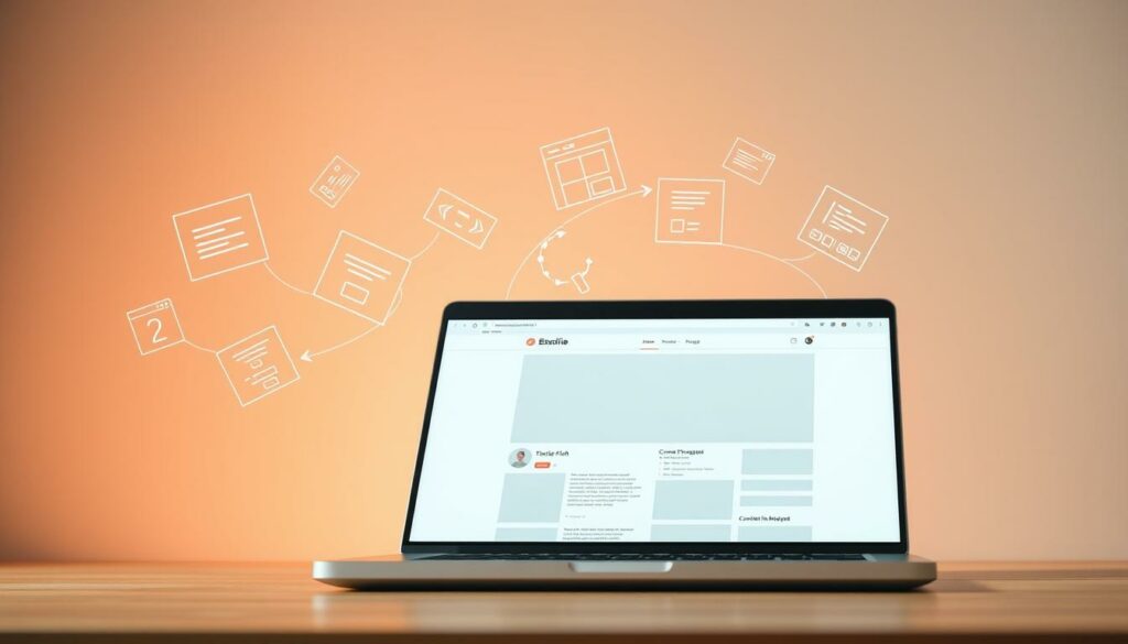 A modern, sleek website interface with a focus on optimizing page load speed. In the foreground, a laptop screen displays a minimalist, content-rich web page loading rapidly. Soft, directional lighting illuminates the laptop, creating a warm, inviting atmosphere. In the middle ground, wireframe models of various web design elements - headers, images, navigation menus - swirl and interconnect, symbolizing the optimization process. The background features a subtle, gradient-based pattern in complementary hues, conveying a sense of digital efficiency and technological prowess. The overall mood is one of streamlined performance, enhanced user experience, and the importance of website speed in the digital landscape.