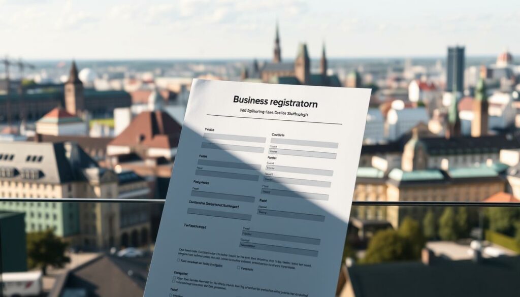 A modern, well-designed business registration form set against a backdrop of the bustling city of Stuttgart. The form itself is the focal point, rendered in a sleek, minimalist style with a neutral color palette. Subtle hints of the city's iconic architecture and landmarks visible in the distance, creating a sense of place and context. The lighting is soft and natural, casting gentle shadows that add depth and dimension to the scene. The overall atmosphere conveys a sense of professionalism, efficiency, and the support available to local entrepreneurs through the Gewerbeamt Stuttgart.