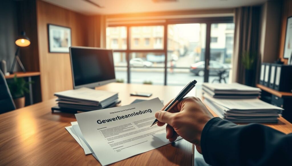 A modern, well-organized office interior with a sturdy wooden desk, a computer monitor, and a stack of official-looking documents. The lighting is warm and inviting, casting a soft glow over the scene. In the foreground, a hand is reaching towards a pen, poised to fill out a form labeled "Gewerbeanmeldung". The background features a large window overlooking a bustling city street, hinting at the bureaucratic nature of the task at hand. The overall atmosphere conveys a sense of professionalism and efficiency, reflecting the practical steps involved in the business registration process.