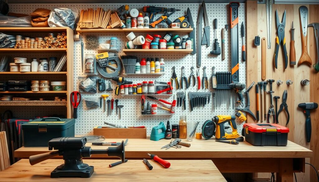 A neatly organized DIY workshop workspace with an assortment of essential tools and materials for beginner projects. In the foreground, a sturdy workbench with a vise, hammer, screwdrivers, pliers, and a toolbox. In the middle ground, shelves displaying a variety of screws, nails, glue, sandpaper, and paint supplies. The background features pegboards with hung-up saws, drills, and measuring tools, complemented by natural wood accents and warm, soft lighting to create a cozy, inspiring atmosphere for crafting.