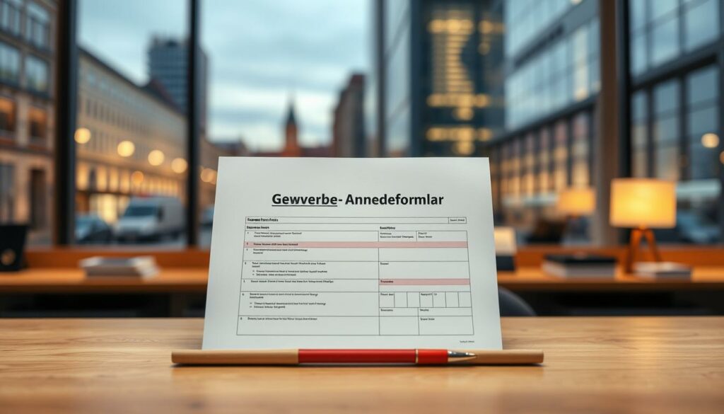 A neatly organized business registration form titled "Gewerbe-Anmeldeformular" occupies the center of the frame. The form is displayed on a well-lit wooden desk, with a warm, professional atmosphere. The background features a blurred cityscape of Bremen, suggesting the form's connection to the local business environment. The lighting is soft and indirect, creating a sense of clarity and attention to detail. The composition is balanced, with the form taking up a significant portion of the image, conveying its importance. The overall mood is one of efficiency, organization, and the support offered by the Gewerbeamt Bremen to new businesses.