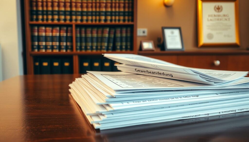 A neatly organized stack of official-looking documents and forms, casting warm, diffused lighting across a polished wooden desk. The papers are labeled "Gewerbeanmeldung" and display details like application forms, checklists, and instructions. In the background, a bookshelf filled with legal volumes and a framed certificate suggest an authoritative, professional setting. The composition conveys a sense of order, diligence, and the administrative process involved in starting a new business venture in Hamburg.
