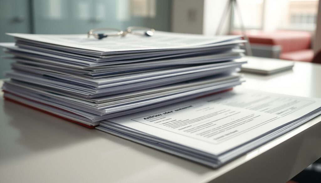 A neatly organized stack of official-looking documents, including application forms, certificates, and ID cards, resting on a clean, well-lit desk. The lighting is soft and even, creating a professional, authoritative atmosphere. The camera is positioned at a slight angle, capturing the documents in a clear, detailed manner. The background is blurred, keeping the focus on the essential paperwork required for a business registration. The overall impression is one of efficiency, competence, and attention to detail, reflecting the importance of properly preparing the necessary Unterlagen for a Gewerbeanmeldung.