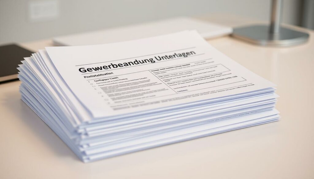 A neatly organized stack of official-looking documents labeled "Gewerbeanmeldung Unterlagen" rests on a clean, well-lit desk. The pages feature detailed forms, checklists, and instructions in a classic, bureaucratic style. A professional, neutral-toned color palette and crisp, high-resolution photography create a sense of authority and importance. The composition emphasizes the documents as the focal point, with a slight depth of field blurring the background to draw the viewer's attention. The overall mood is one of efficiency, precision, and the essential requirements for properly registering a new business.