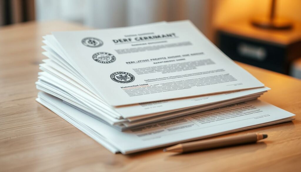 A neatly organized stack of official-looking documents resting on a wooden desk, illuminated by soft, warm lighting. The documents feature various German government seals, stamps, and headers, conveying the formal and authoritative nature of a business registration application. The desk is clean and uncluttered, with a simple pen or pencil nearby, creating a sense of professionalism and efficiency. The background is slightly blurred, focusing the viewer's attention on the important paperwork at hand. The overall mood is one of seriousness and attention to detail, perfectly capturing the essence of the "Erforderliche Unterlagen für die Gewerbeanmeldung" section.