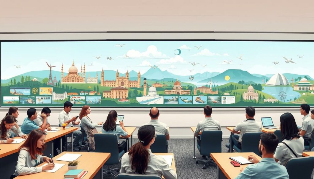 A panoramic, high-resolution illustration depicting the training process for the tourism industry. In the foreground, a group of students in a classroom setting, engaged in various learning activities such as taking notes, discussing case studies, and participating in interactive presentations. In the middle ground, a sequence of images showcasing the different stages of the training program, including internships, field trips, and practical workshops. In the background, a scenic landscape representing the diverse destinations and experiences that the tourism industry encompasses, with landmarks, natural landscapes, and cultural elements. The overall scene conveys a sense of dynamism, professionalism, and the comprehensive nature of the tourism training curriculum, with a focus on preparing students for successful careers in the industry.