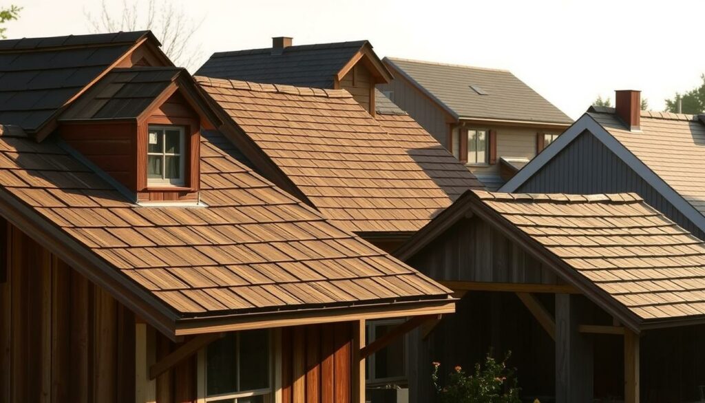 A picturesque scene of a variety of roofing styles for wooden garden houses. In the foreground, a gable roof with charming dormers casts warm shadows on the rustic wooden siding. In the middle ground, a gambrel roof adds visual interest, its steep slopes suggesting ample storage space. Further back, a hipped roof with gentle slopes tops a cozy structure, its clean lines complementing the natural surroundings. The lighting is soft and diffused, casting a golden glow that enhances the texture of the weathered wood. The overall composition evokes a sense of quaint, countryside charm, perfectly suited for the article's topic of homemade wooden garden houses.