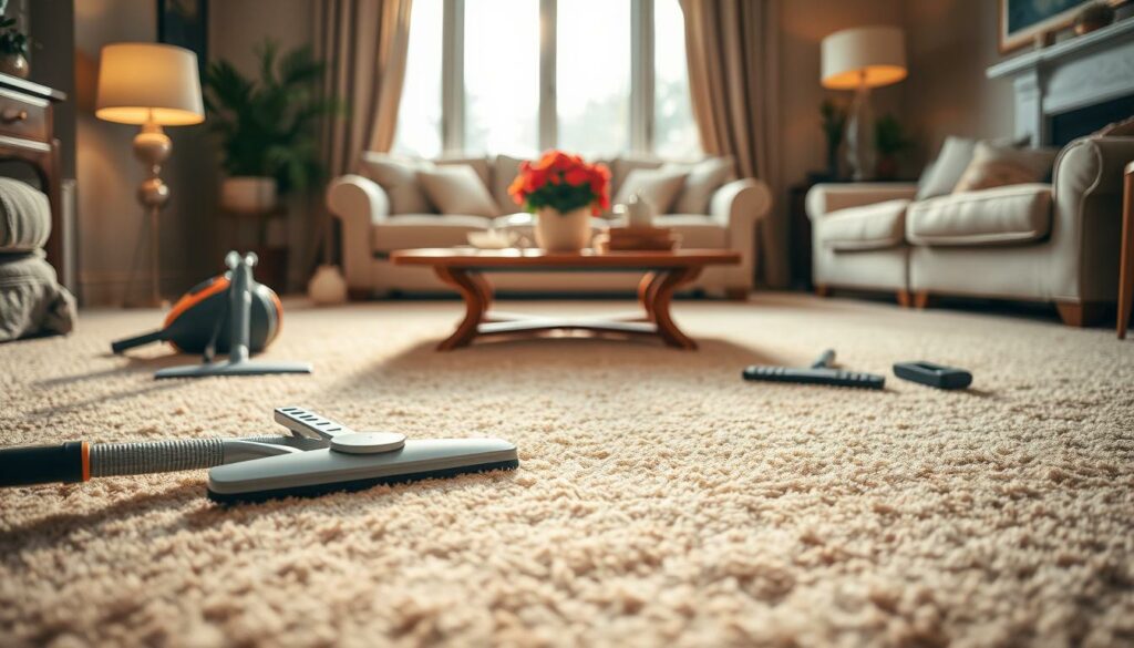 A pristine, well-maintained carpet in a cozy, inviting living room. Soft, plush fibers in a rich, earthy hue glow in the warm, ambient lighting, capturing the essence of premium carpet care. In the foreground, a variety of cleaning tools and accessories neatly arranged, suggesting the meticulous attention to detail required for professional carpet maintenance. The middle ground features a stylish, wooden coffee table, complementing the elegant, traditional décor. In the background, a large window allows natural light to filter in, creating a serene, tranquil atmosphere. The overall scene conveys the care and expertise needed to preserve the beauty and longevity of a cherished carpet.