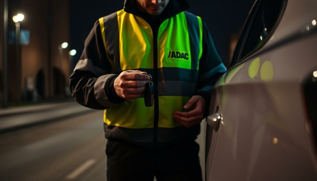 A professional ADAC roadside assistance technician responding to an emergency call, dressed in a high-visibility uniform and holding a set of car keys. The technician is examining a locked car in a dimly lit, urban setting, with streetlights casting dramatic shadows. The scene conveys a sense of urgency and professionalism, capturing the ADAC's commitment to providing reliable and trustworthy lockout services to its members. The image should focus on the technician's actions and the car, without any distracting elements, to illustrate the section's title "ADAC Schlüsselnotdienst: Ein fairer Anbieter?".