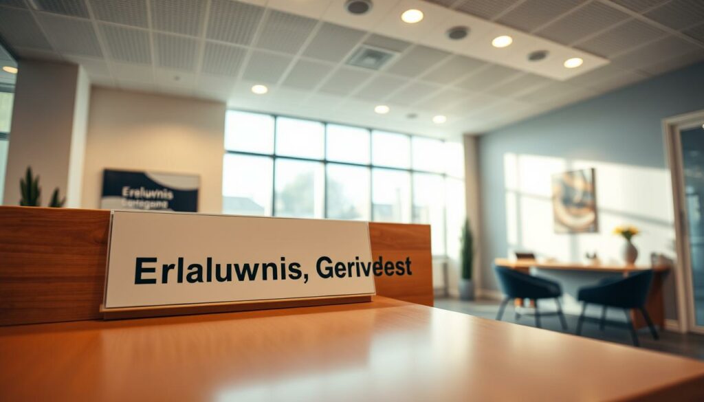 A professional office interior with a prominent "Erlaubnis Gewerbeamt" sign on the reception desk. The desk is made of polished wood, with a modern, minimalist design. The lighting is warm and inviting, with a mix of natural sunlight filtering through large windows and subtle, recessed lighting fixtures. The walls are a neutral, calming color, with a few pieces of contemporary art or photography adding visual interest. The overall atmosphere conveys a sense of efficiency, professionalism, and approachability, reflecting the services offered by the Gewerbeamt. The camera angle is slightly elevated, providing a clear view of the space and emphasizing the centrality of the "Erlaubnis Gewerbeamt" sign.