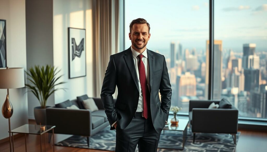 A professional real estate agent standing confidently in a bright, modern office, surrounded by tasteful decor and sleek furnishings. The agent is dressed in a sharp, tailored suit, exuding an air of expertise and trustworthiness. In the background, a large window offers a panoramic view of a bustling city skyline, conveying a sense of urban sophistication. Soft, directional lighting illuminates the scene, creating a warm and inviting atmosphere. The composition is balanced and harmonious, reflecting the professionalism and attention to detail that are hallmarks of exceptional real estate services.