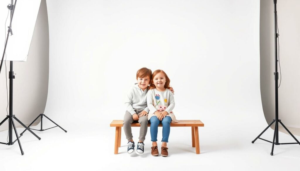 A professionally lit photo studio setting with a plain white backdrop. In the foreground, two young siblings, a boy and a girl, sit together on a simple wooden bench. They are dressed in casual, coordinated outfits that complement each other. The children's expressions are natural and relaxed, conveying a sense of warmth and closeness. The lighting is soft and diffused, creating gentle shadows and highlights that accentuate their features. The background is evenly lit, keeping the focus on the siblings in the middle ground. The composition is balanced, with the children placed slightly off-center to create visual interest. The overall mood is one of familial love and connection, suitable for a portrait session in a modern photography studio.