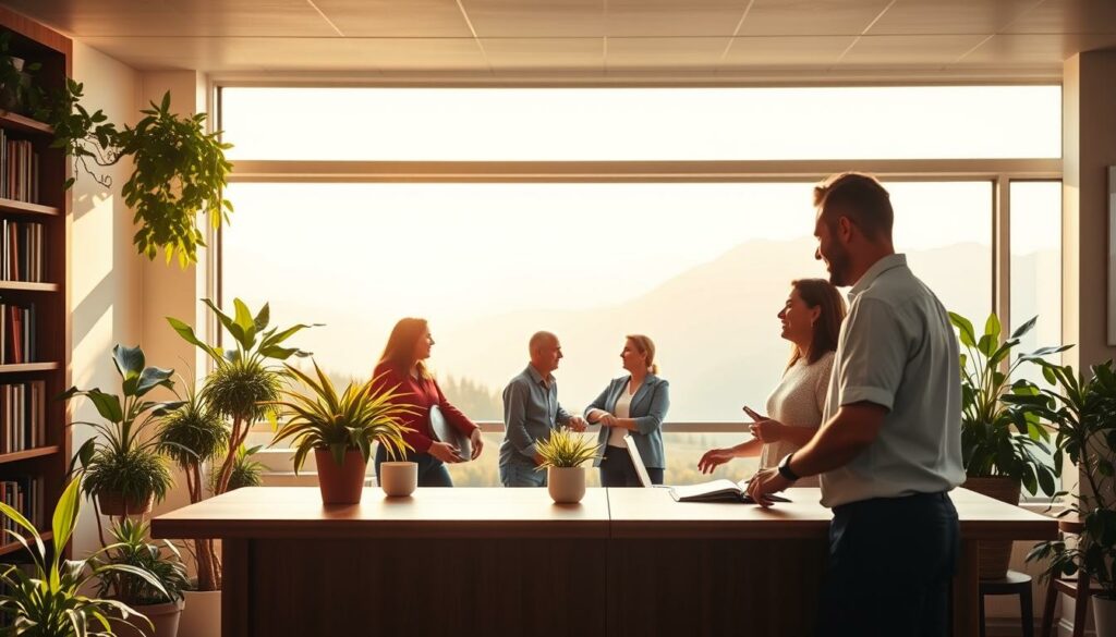 A serene and harmonious scene depicting the cooperative values of Raiffeisen bank. In the foreground, a warm and inviting interior with a wooden desk, surrounded by lush potted plants and bookshelves. The mid-ground features a group of people engaged in friendly conversation, their expressions conveying a sense of trust and understanding. The background showcases a panoramic view of a picturesque alpine landscape, bathed in soft, natural lighting that imbues the scene with a feeling of tranquility and proximity to nature. The overall composition evokes a strong sense of community, fairness, and the bank's commitment to its local roots.
