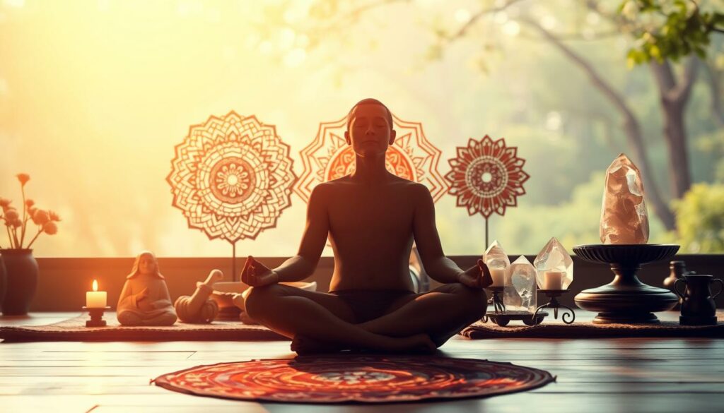 A serene and meditative scene unfolds, bathed in warm, diffused lighting. In the foreground, a figure sits cross-legged, eyes closed, hands resting gently on their lap, embodying the essence of Tantra's mindfulness practices. The middle ground reveals symbols and objects associated with Tantra - intricate mandalas, burning incense, and crystalline structures that seem to radiate a subtle energy. The background depicts a tranquil, natural setting, perhaps a secluded garden or a peaceful forest, evoking a sense of connection with the divine and the natural world. The overall atmosphere is one of deep contemplation, harmony, and the exploration of the self through Tantra's unique methods.