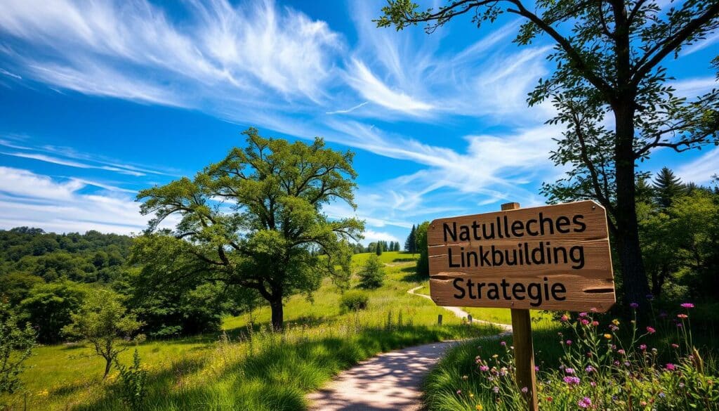 A serene natural landscape, lush with verdant foliage and sun-dappled meadows. In the foreground, a tree-lined path winds invitingly, suggesting a journey of discovery. Overhead, wispy clouds drift across a cerulean sky, casting soft shadows that play across the scene. In the middle ground, a weathered wooden sign stands, its carved lettering reading "Natürliches Linkbuilding Strategie". The sign is surrounded by wildflowers, their vibrant hues complementing the earthy tones of the environment. The overall atmosphere conveys a sense of harmony, balance, and the power of organic growth, reflecting the essence of quality-focused link building.