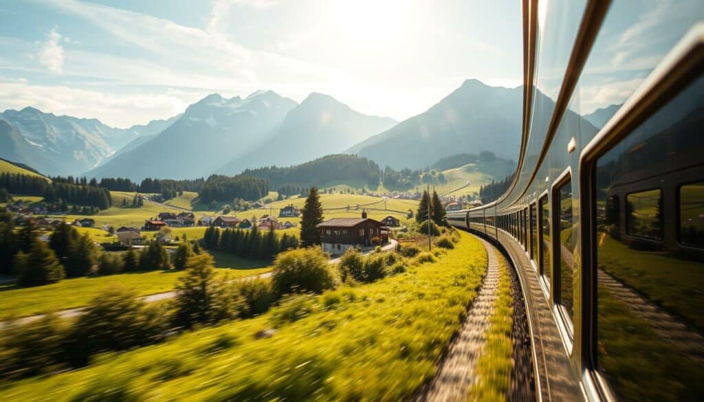 A serene train gliding through the Swiss countryside, its sleek silver exterior reflecting the lush, verdant landscape. Towering snow-capped peaks rise in the distance, while picturesque villages dot the rolling hills. The train's windows offer panoramic views, allowing passengers to admire the stunning natural scenery. Sunlight filters in, casting a warm, golden glow and highlighting the train's efficient, eco-friendly design. Passengers can be seen relaxing comfortably in their seats, appreciating the quiet, sustainable journey. The scene conveys a sense of tranquility, efficiency, and harmony with the environment, capturing the essence of environmentally-friendly rail travel.