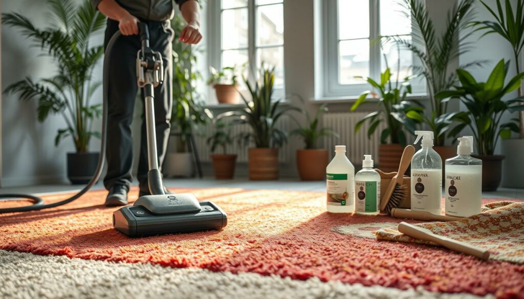 A serene, well-lit interior showcases an eco-friendly carpet cleaning service in Munich. In the foreground, a cleaning technician uses a state-of-the-art, energy-efficient machine to gently lift dirt and stains from a plush, vibrant rug. The middle ground features an assortment of natural, biodegradable cleaning solutions and brushes. In the background, lush potted plants and large windows create a calming, sustainable atmosphere. The lighting is soft and diffused, accentuating the natural tones and textures of the environment. The overall scene conveys a sense of environmental responsibility and attention to detail in professional carpet cleaning.