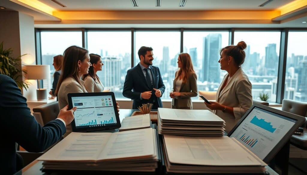 A serene, well-lit office setting showcasing diverse customer profiles for a high-end concierge service. In the foreground, neatly organized customer files and tablets displaying insightful analytics. In the middle ground, a professional consultant engages with a diverse array of clients, discussing their unique needs and preferences. The background features modern decor, warm lighting, and large windows overlooking a bustling city skyline, conveying a sense of sophistication and attentive personalized service. The overall atmosphere evokes a refined, customer-centric business model focused on understanding and catering to the distinct requirements of its clientele.