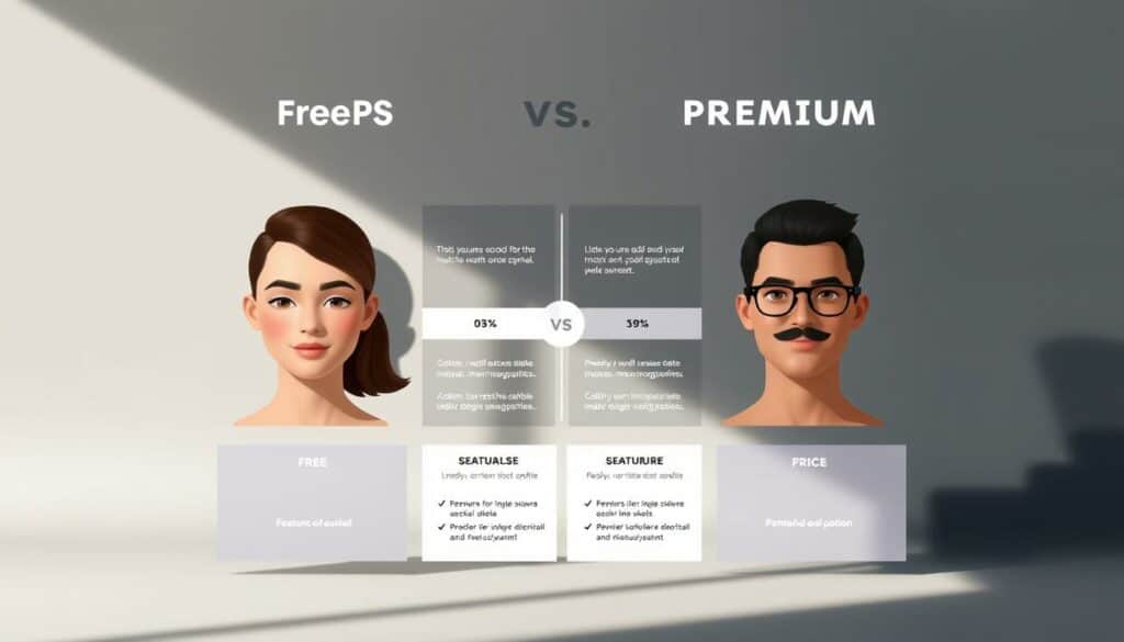 A side-by-side comparison of free and premium avatar creation tools, showcased in a sleek, minimalist layout. The foreground features two distinct avatar profiles, one in a free style and the other in a premium, high-quality design. The middle ground displays contrasting feature sets and pricing information, presented in a clean, infographic-style layout. The background offers a subtle, muted gradient to emphasize the focus on the central comparison. Cinematic lighting casts dramatic shadows, creating depth and emphasizing the differences between the free and premium options. The overall mood is one of professionalism and clarity, guiding the viewer through the key considerations when choosing an avatar tool.