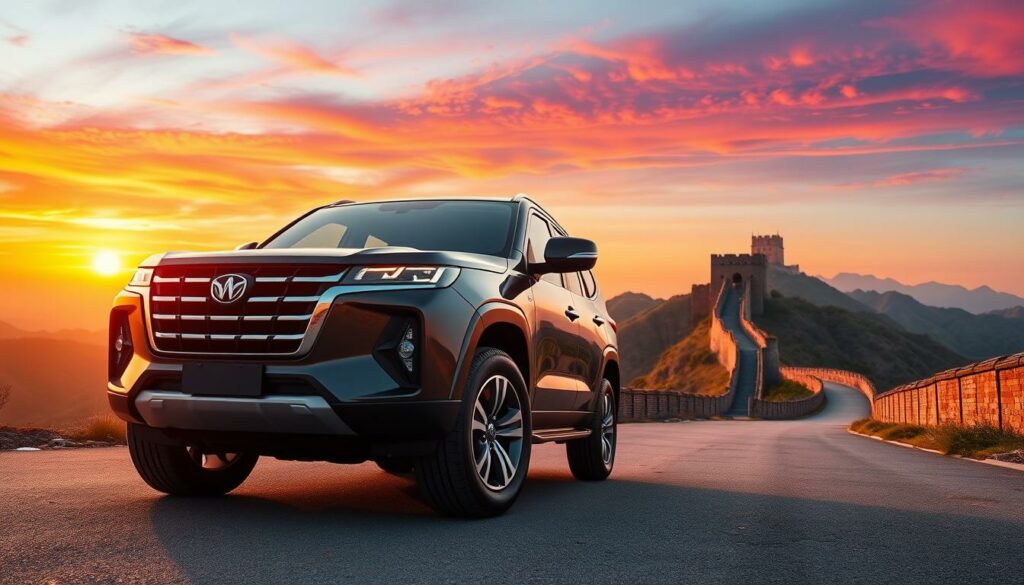 A sleek and commanding Great Wall Motor SUV model, meticulously captured in a high-resolution, wide-angled photograph. The vehicle stands majestically in the foreground, its sturdy frame and angular design lines illuminated by warm, golden-hour lighting. The middle ground features a picturesque landscape, with rolling hills and a winding road leading the viewer's eye into the distance. In the background, the iconic silhouette of the Great Wall of China rises against a vibrant, sunset-painted sky, creating a stunning and evocative backdrop that celebrates the SUV's Chinese heritage. The overall composition conveys a sense of power, sophistication, and national pride.