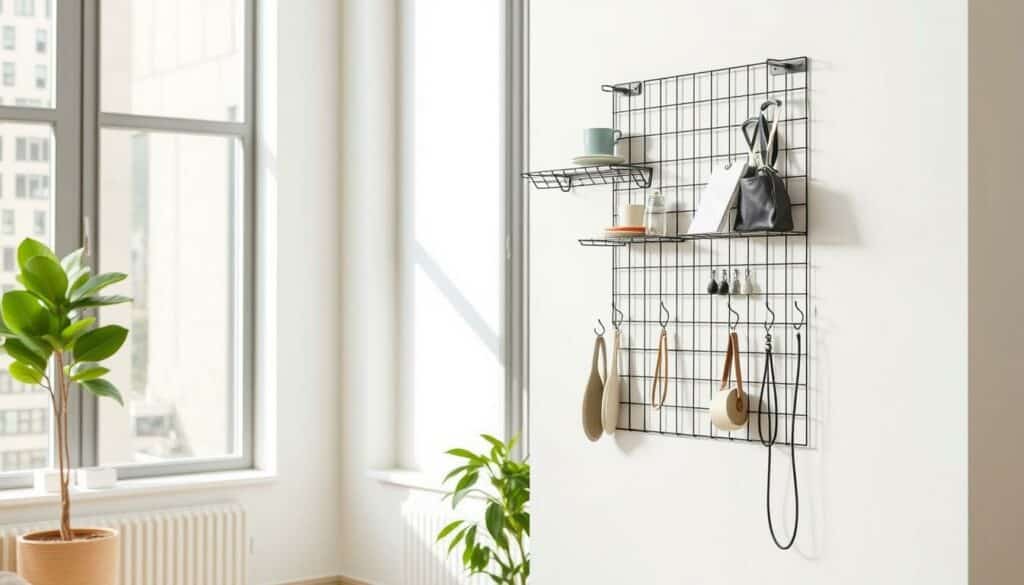 A sleek and minimalist wall-mounted organizer crafted from sturdy metal grid panels, positioned in a bright, airy room with natural lighting filtering in through large windows. The organizer features multiple compartments and hooks, perfectly suited for neatly displaying and storing a variety of household items, from small trinkets to everyday essentials. The clean, industrial-inspired design seamlessly blends function and form, creating a visually appealing and highly practical storage solution that complements the modern, Scandinavian-inspired decor of the space.