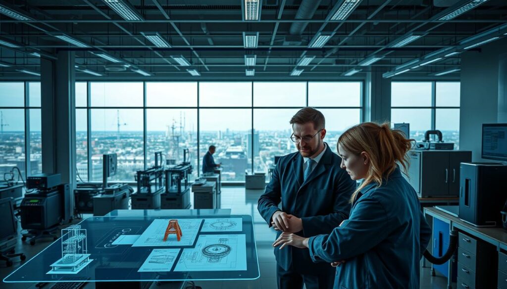 A sleek, modern research and development facility for mechanical engineering. In the foreground, a team of engineers collaborate over technical schematics and CAD models on holographic displays, their faces alight with focused determination. The middle ground features state-of-the-art prototyping equipment, 3D printers, and computer-controlled machine tools, all operating with precision and efficiency. In the background, floor-to-ceiling windows offer a panoramic view of a bustling industrial district, symbolizing the facility's vital role in supporting the broader economy. Subtle blue and green lighting creates a cool, technological ambiance, reflecting the facility's commitment to innovation and problem-solving.
