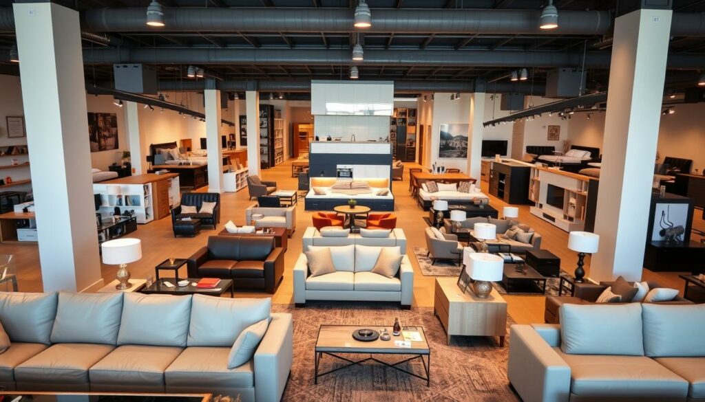 A spacious and well-lit modern showroom, filled with an impressive array of furniture and home decor. In the foreground, a display of sleek and stylish living room sets, ranging from plush sofas to elegant side tables. The middle ground showcases a variety of bedroom furnishings, including beds, dressers, and nightstands, all in a harmonious color palette. Towards the back, a vibrant kitchen area features a selection of contemporary cabinets, countertops, and appliances. The lighting is warm and inviting, creating a welcoming atmosphere that inspires the visitor to imagine how these products could transform their own living spaces. The overall scene conveys a sense of abundance, quality, and design excellence.