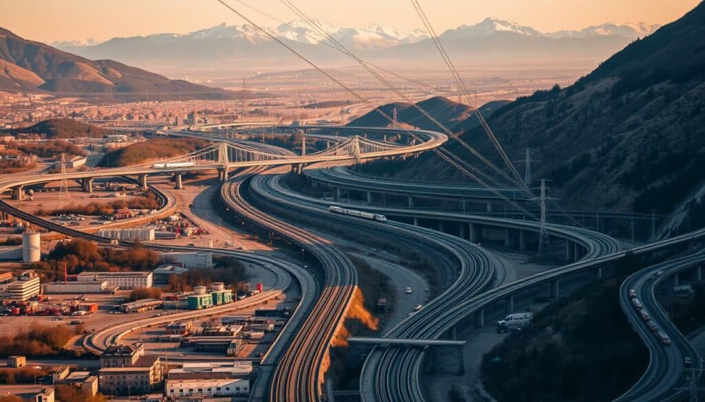 A sprawling, complex infrastructure landscape, with train tracks, bridges, tunnels, and electrical pylons winding through rugged, mountainous terrain. The scene is bathed in soft, golden light, creating a sense of scale and grandeur. In the foreground, there are clusters of buildings and industrial facilities, hinting at the challenges of integrating transportation systems across diverse geographic and political boundaries. The middle ground features a network of roads and rail lines, with trains in the distance, symbolizing the quest for efficient, cross-border connectivity. In the background, snow-capped peaks rise majestically, underscoring the natural obstacles that must be overcome. The overall atmosphere conveys the magnitude of the "Infrastruktur Herausforderungen" faced in connecting Switzerland and London.
