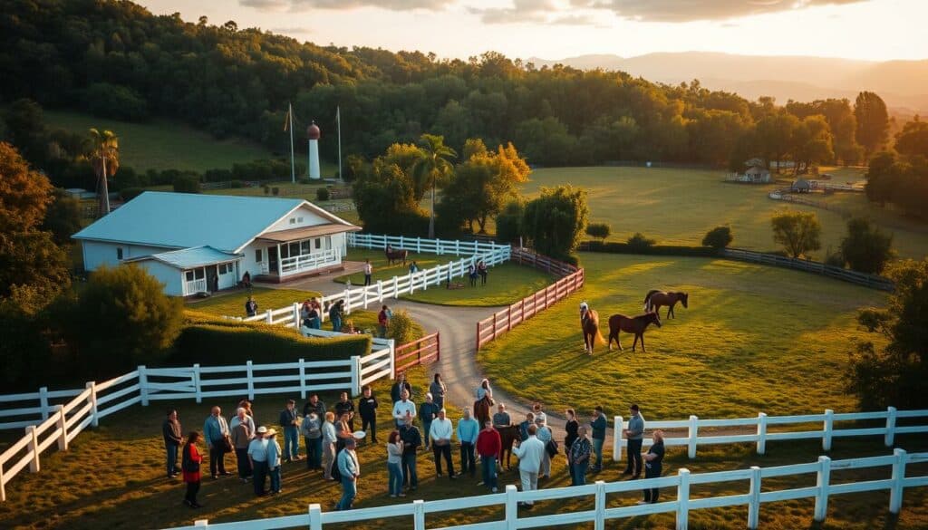 A sprawling equestrian facility nestled amidst lush greenery, with white fences and well-maintained stables. In the foreground, a group of people engaged in various humanitarian activities, such as distributing food, providing medical care, and organizing educational workshops. The scene is bathed in warm, golden light, creating a sense of tranquility and purpose. In the background, horses graze peacefully, symbolizing the core equestrian services offered by the organization. The overall composition conveys a harmonious balance between the humanitarian and equestrian aspects of the enterprise.