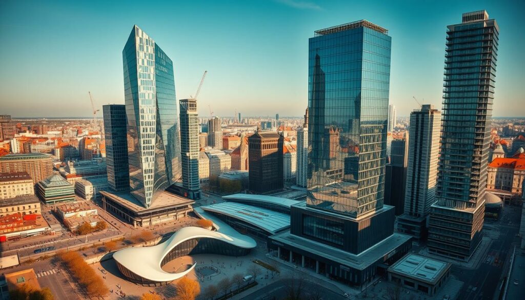 A striking cityscape of modern architectural masterpieces standing tall against a backdrop of a vibrant, bustling metropolis. In the foreground, sleek glass and steel skyscrapers reach skyward, their geometric forms casting dramatic shadows on the streets below. In the middle ground, innovative public spaces with curved, organic shapes invite pedestrians to explore. The background is filled with a harmonious blend of contemporary and historic structures, creating a captivating visual symphony. Warm, diffused lighting bathes the scene, evoking a sense of energy and progress. This image showcases the ambitious, forward-thinking spirit of Germany's construction industry, setting new standards in design, sustainability, and urban planning.